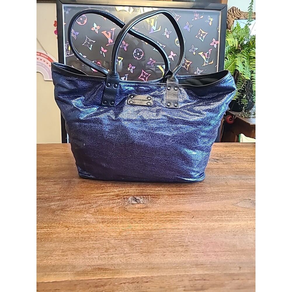 Stephane Verdino Blue Metallic Tote Handbag Shoulder Purse Carry All Bag